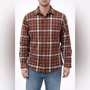 L.L. Bean Slightly Fitted Flannel Brown & White Button Down Cotton Shirt Medium